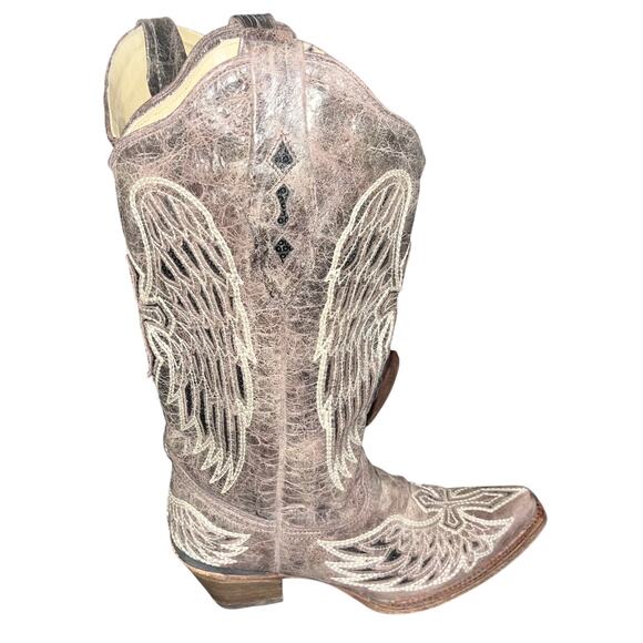 CORRAL WOMEN BROWN GLITTER INLAY CROSS AND WING EMBROIDER LEATHER COWBOY BOOT 8 - Picture 5 of 11